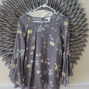 LC Lauren Conrad Gray Floral Blouse with Yellow Accents